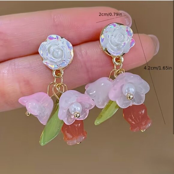 NEW Tresora Delicate Beaded Pastel Flower Drop Earrings - Picture 4 of 4